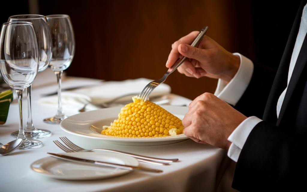 Person eating corn on the cob using proper formal dinner etiquette with a knife and fork.