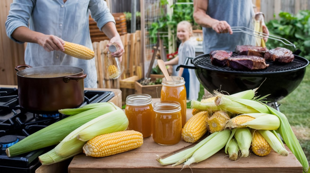 Repurposed corn cobs being used to make corn stock in a pot, demonstrating sustainable zero-waste kitchen practices.