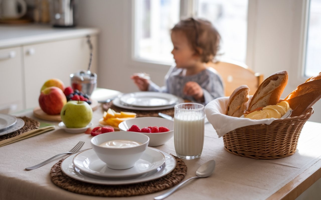 A traditional French toddler breakfast featuring tartines, yogurt, and fresh fruit on a table, representing a healthy and balanced meal.