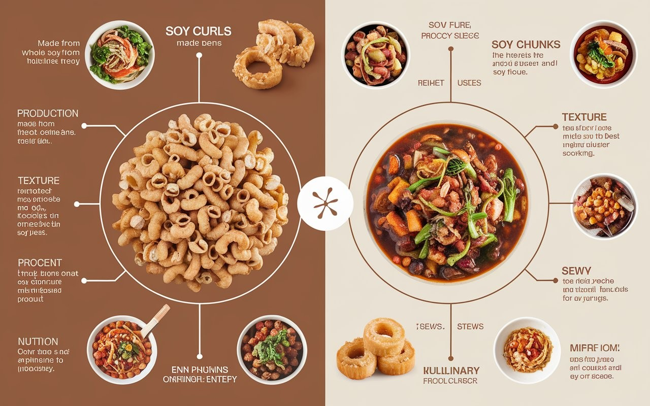 A comparison of soy curls and soy chunks side-by-side on a countertop, showing their texture and size differences for plant-based cooking.