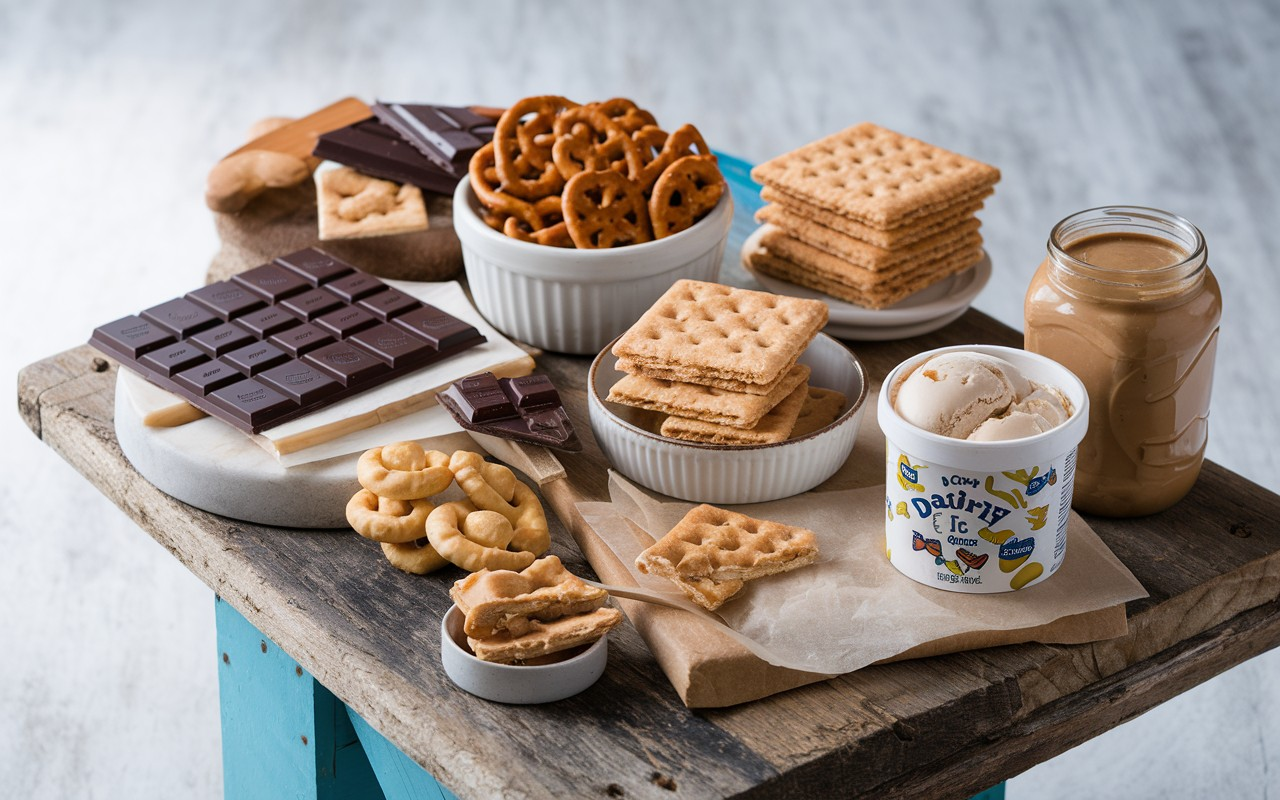 An assortment of surprisingly dairy-free foods including dark chocolate, pretzels, graham crackers, and dairy-free ice cream displayed on a rustic wooden table.