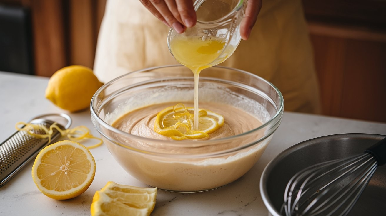 Fresh lemon juice being added to cake batter, enhancing flavor and texture for a moist, fluffy cake.