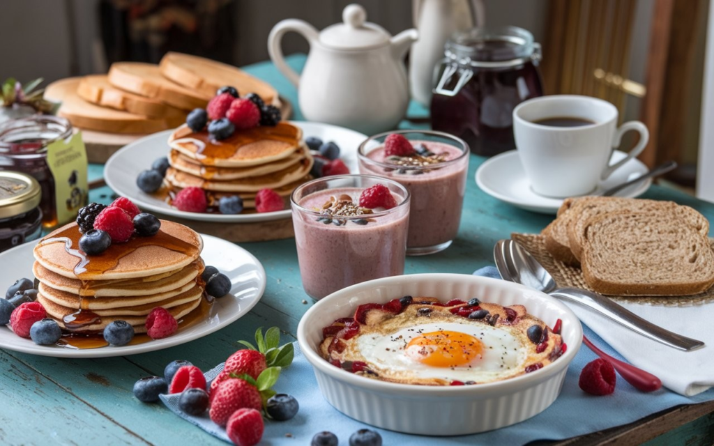 A variety of gluten-free breakfast options including pancakes, smoothies, and egg casseroles served on a rustic kitchen table.