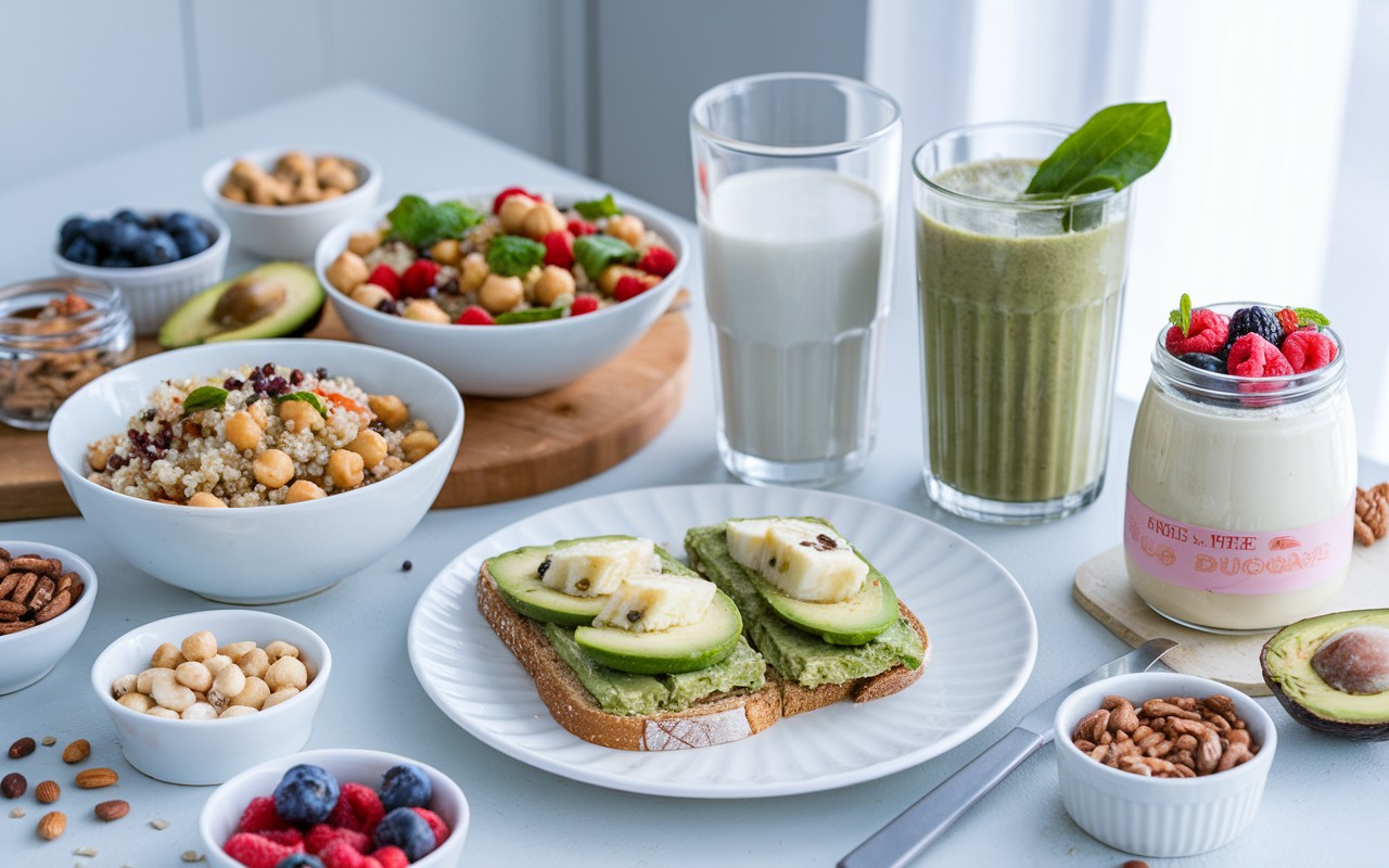 Assorted dairy-free foods including a bowl of quinoa salad, almond milk, avocado toast, and a smoothie on a kitchen table.