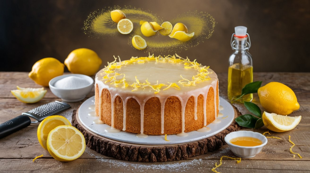 A close-up of a freshly baked lemon cake topped with a zesty lemon glaze and lemon zest, showcasing enhanced lemon flavor.