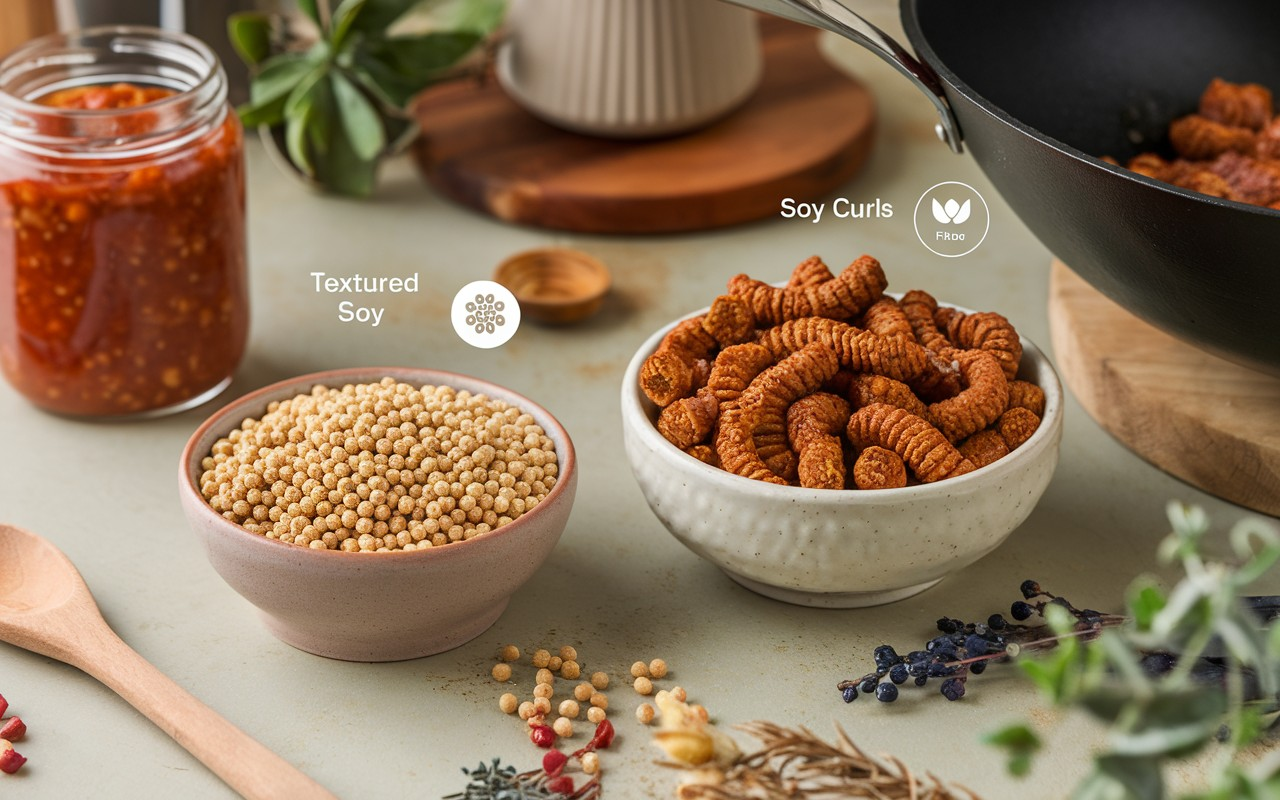 A comparison of textured soy protein and soy curls, highlighting their differences in texture, nutrition, and culinary uses.