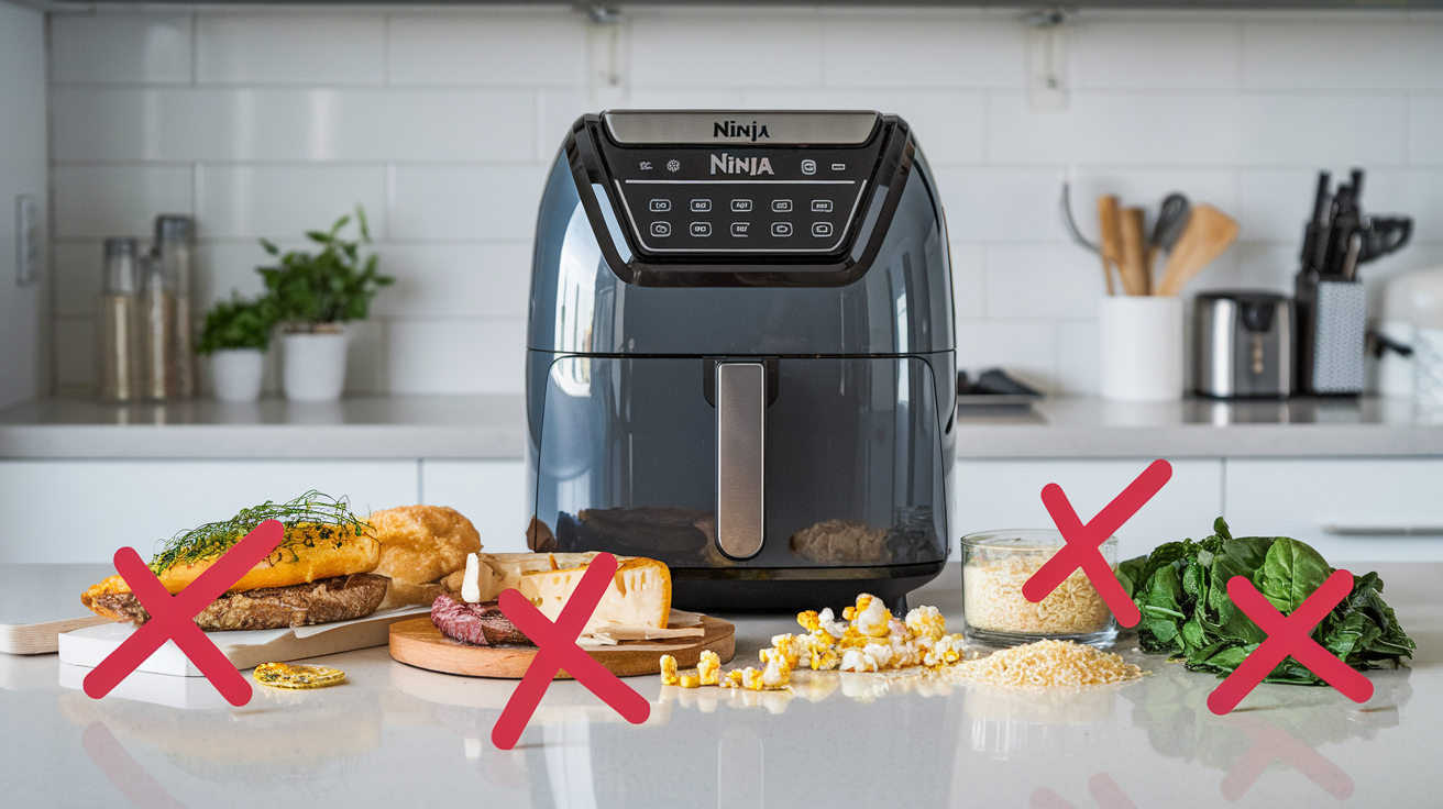 A Ninja air fryer with unsuitable foods like wet-battered items, cheese-heavy dishes, and leafy greens scattered around it.