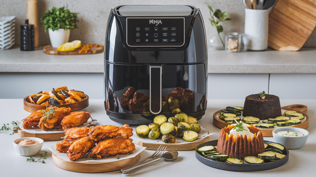 Ninja Air Fryer surrounded by various air-fried dishes including chicken wings, Brussels sprouts, zucchini chips, and lava cake, on a modern kitchen counter.