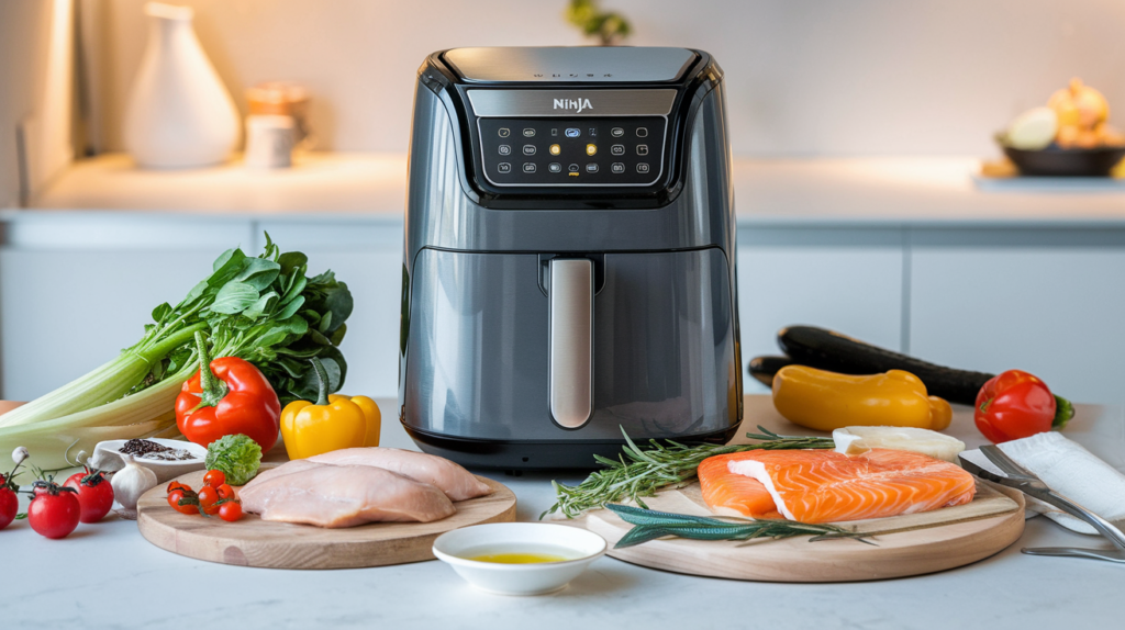 Ninja air fryer on a kitchen countertop, surrounded by healthier food options like vegetables and lean proteins, emphasizing low-oil cooking benefits.