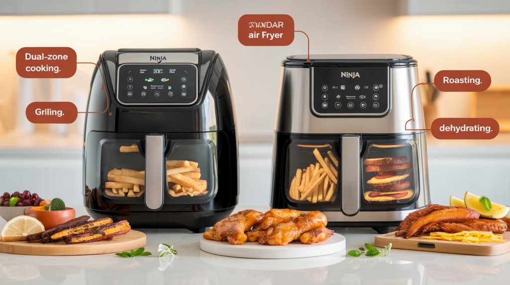 A Ninja air fryer next to a standard air fryer on a kitchen countertop, highlighting the differences in size, features, and cooking options.