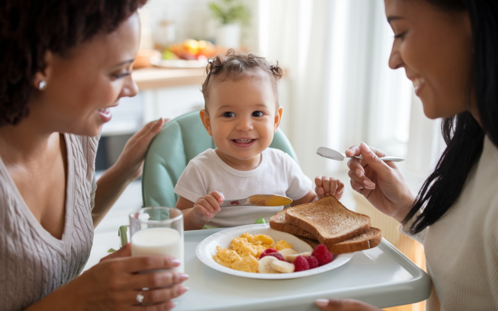 Balanced toddler breakfast with fruits, grains, and protein.