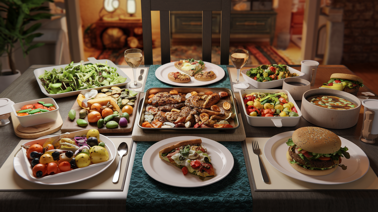 Table with delicious family dinner including grilled chicken, roasted vegetables, and fresh salads ready to serve.