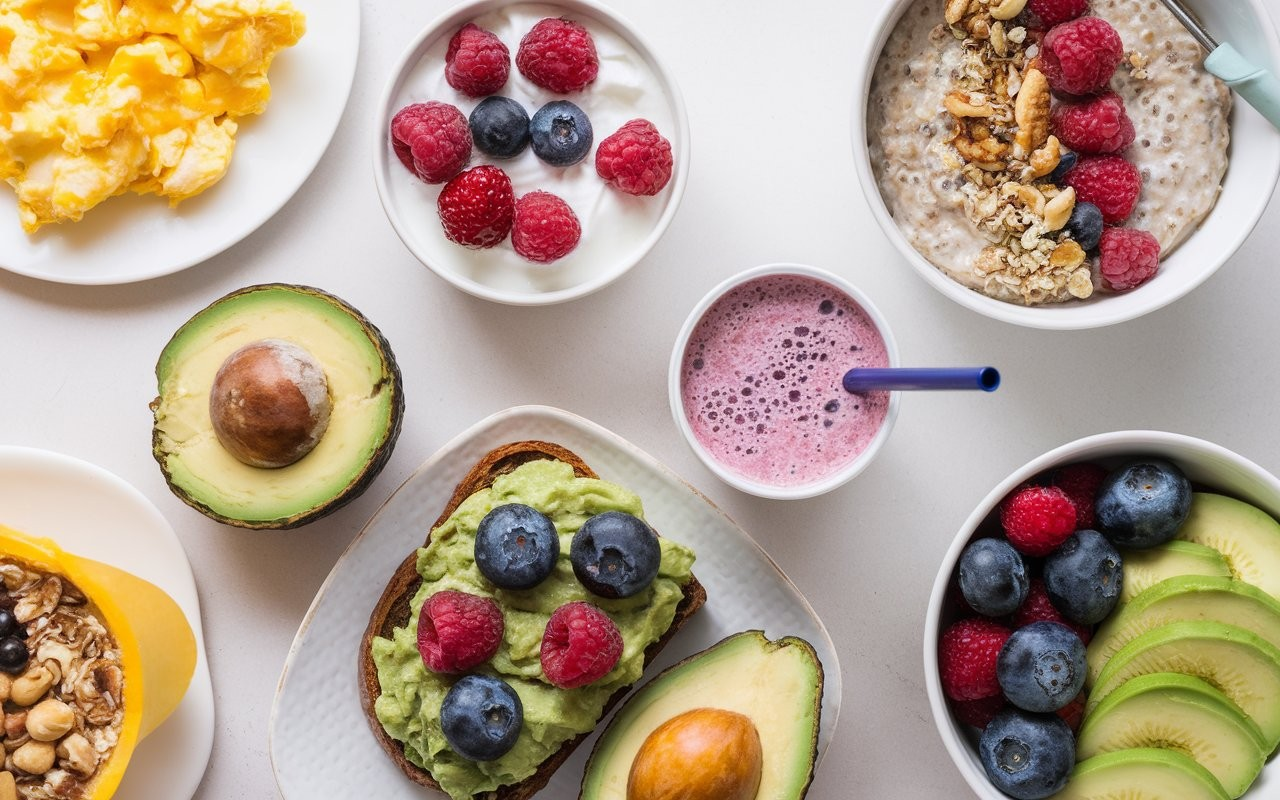 An assortment of healthy breakfast foods including eggs, Greek yogurt with berries, avocado toast, oatmeal, and smoothies.