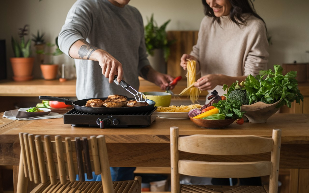 A variety of healthy and easy meals for two people, including grilled chicken, taco salad, and romantic dinner ideas with wine.