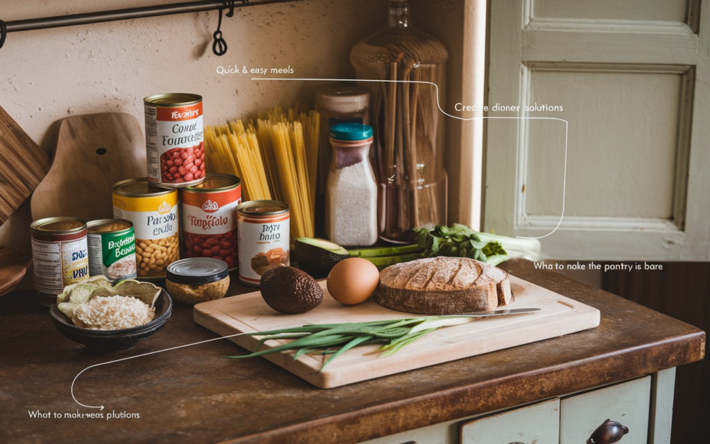 Image of a kitchen countertop with pantry staples like canned goods, pasta, and spices, highlighting creative dinner ideas for when you have no food.