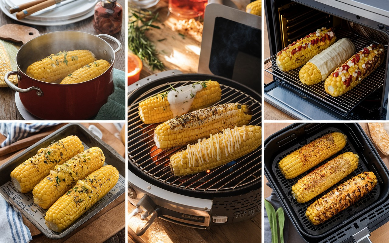 An assortment of corn on the cob prepared using different cooking methods—boiled, grilled, roasted, microwaved, and steamed—served with various toppings like butter, herbs, and cheese.