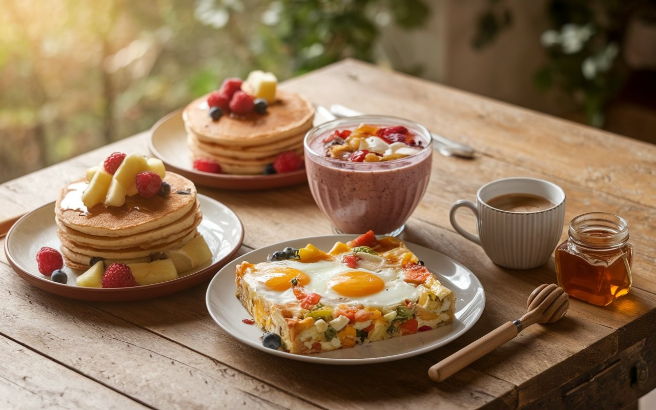 Image of a healthy gluten-free breakfast featuring pancakes, muffins, and smoothies with fresh fruits and grains.