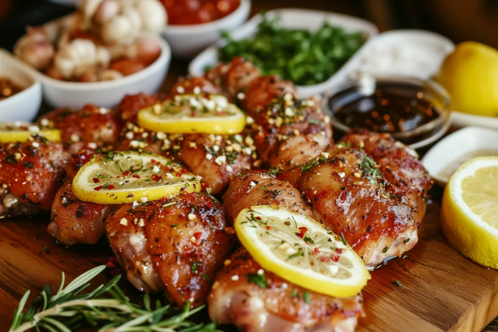 Marinated chicken in a bowl with fresh herbs, lemon, and spices ready for cooking.