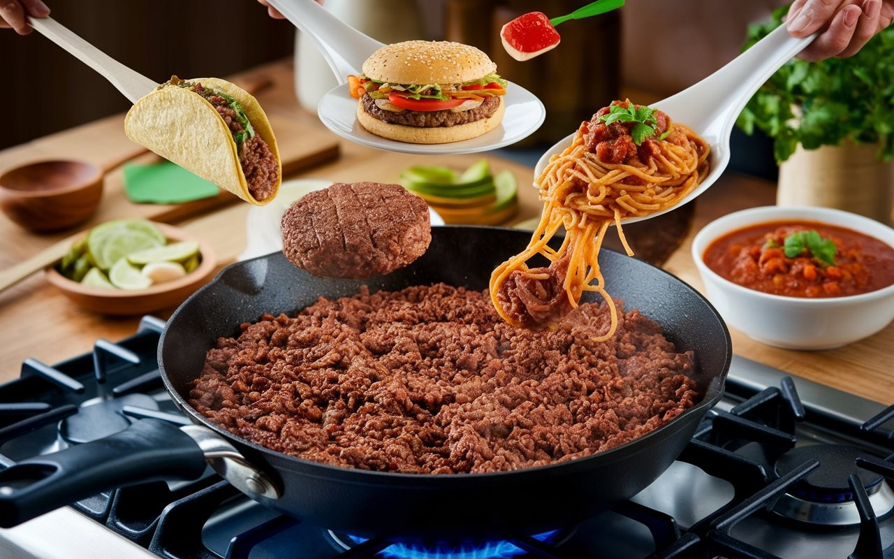 Ground beef cooked in a skillet with vegetables for a versatile recipe idea