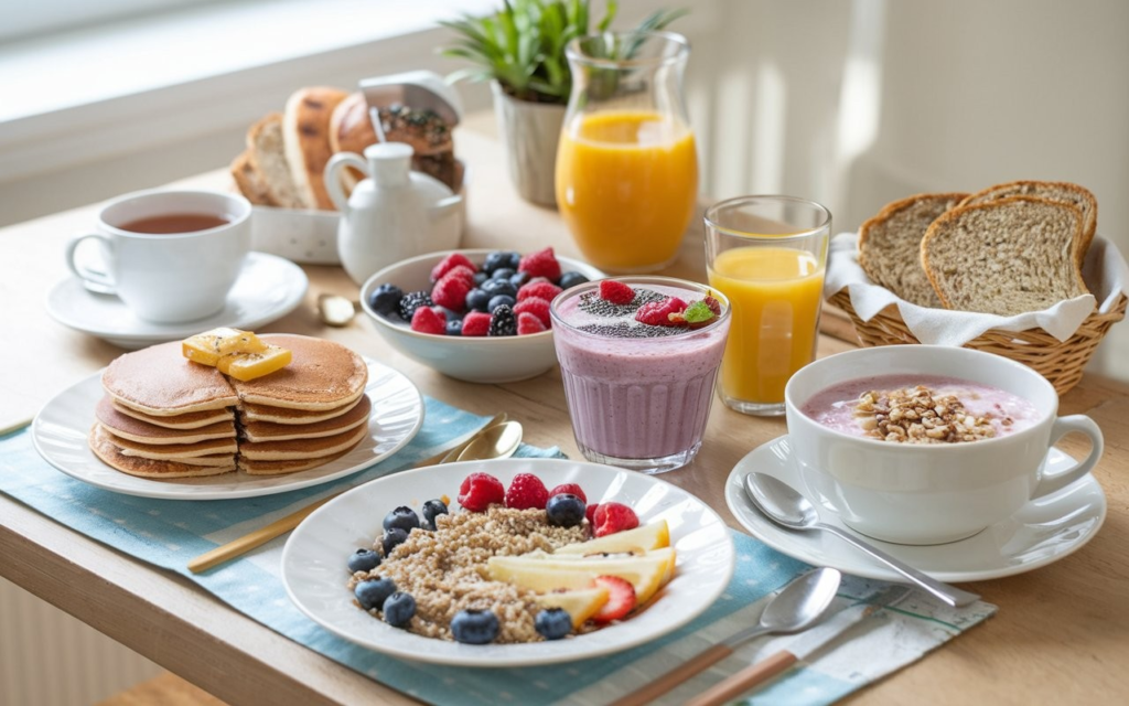 Delicious wheat-free breakfast options including egg dishes, quinoa bowls, smoothies, and gluten-free pancakes.