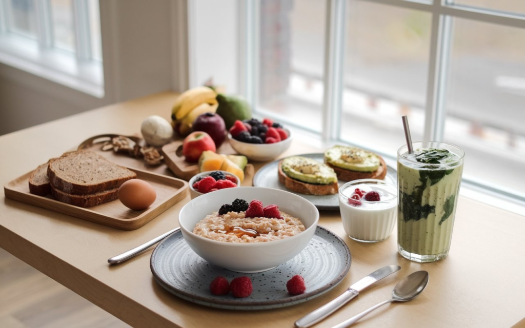 Healthy breakfast options including eggs, avocado toast, oatmeal, and smoothies.