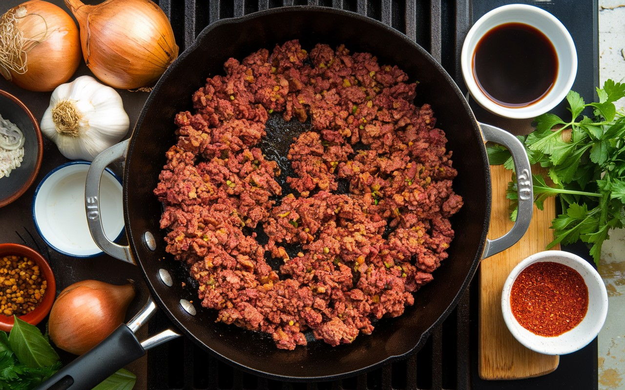 A skillet of sizzling plant-based ground beef seasoned with garlic, onion powder, smoked paprika, and herbs, creating a savory, rich dish.