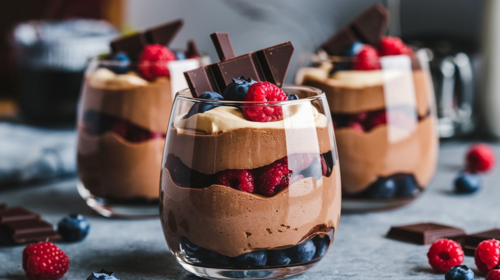 Rich and airy chocolate mousse served in a glass with whipped cream and chocolate shavings