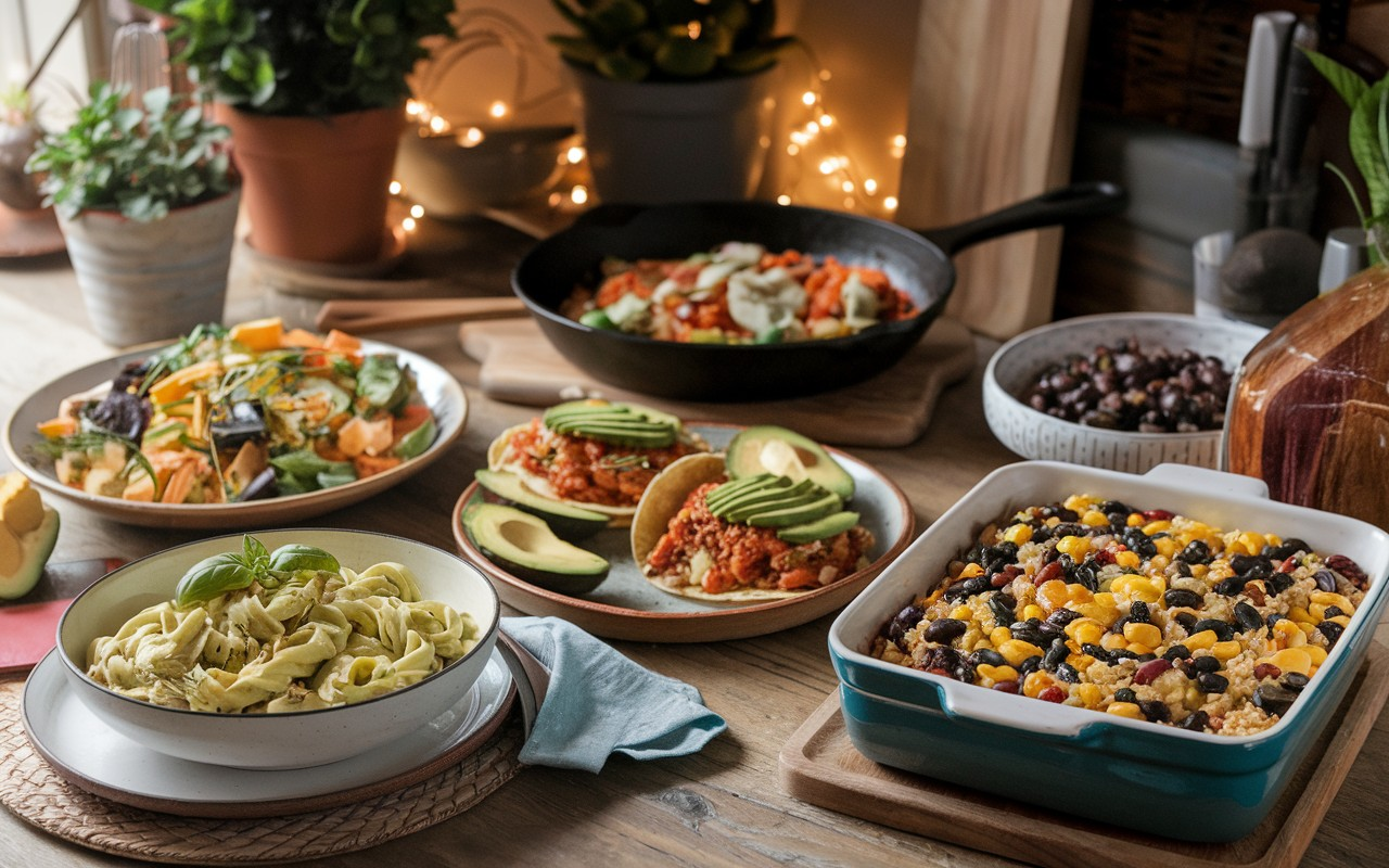 Healthy dairy-free dinner featuring a variety of colorful vegetables and plant-based proteins, beautifully plated on a kitchen table.